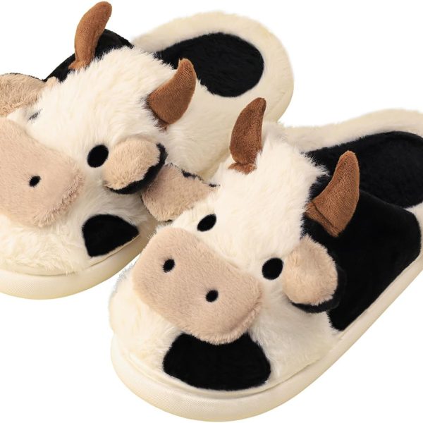 Cartoon Cow Cotton Slippers, Winter Indoor Outdoor Slippers for Women