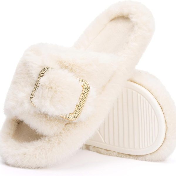 Fuzzy Slippers for Women Indoor Outdoor Fluffy House Womens Slippers with Memory Foam Anti-Skid Sole Gifts for Mom Ladies