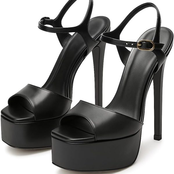 Women's Stiletto Heeled Platform Sandals, Square Toe Open-Toe Ankle Strap High Heel Sandals, Prom Dress Shoes