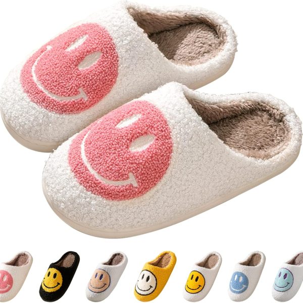 Smile Face Slippers for Women, Soft Plush Smile Slippers Retro Preppy Slippers with Smile Face Happy Face Slippers Slip-on Cozy Indoor Outdoor Slippers Indoor Outdoor Comfy Shoes