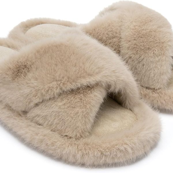 Women's Slippers Cross Band Fuzzy Slippers Memory Foam Slippers for Women Plush Comfy Bedroom Faux Fur Slipper Slides House Shoes Anti-Skid Sole Trendy Gift Slippers