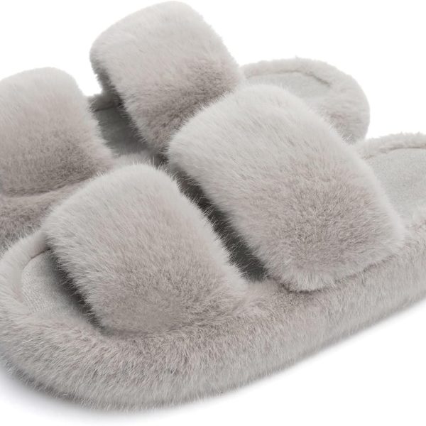 Women's Slippers Memory Foam Slippers for Women Fuzzy Comfy Faux Fur House Shoes Furry Indoor Open Toe Slippers Two Bands Gift Slippers