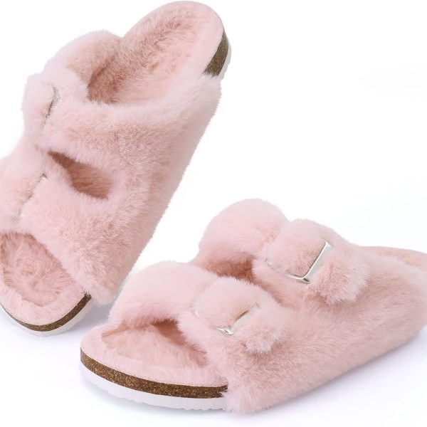 Fuzzy Slippers Women with Cork Footbed Fluffy Slides Open Toe Indoor House Shoes | Arch Support | Adjustable Buckles