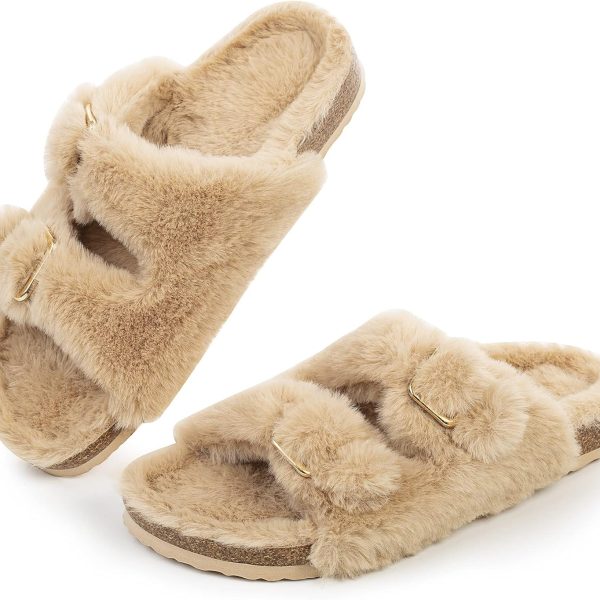 Womens Open Toe Slipper with Cozy Lining,Faux Rabbit Fur Cork Slide Sandals Size 6-11