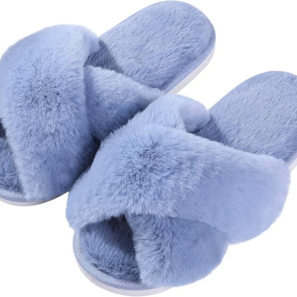 Women's Fuzzy Slippers Cross Band Memory Foam House Slippers Open Toe