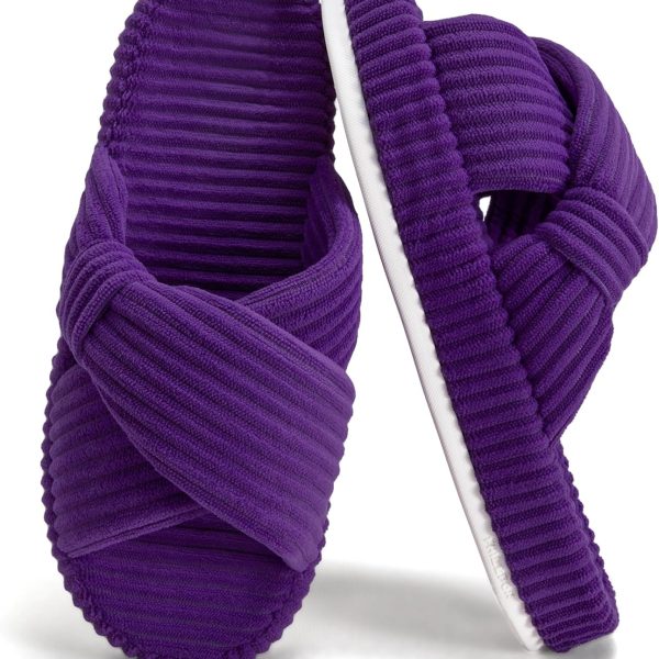 Women's House Slippers Corduroy Indoor Slippers Memory Foam Bedroom Open Toe Slippers Cross Band House Shoes