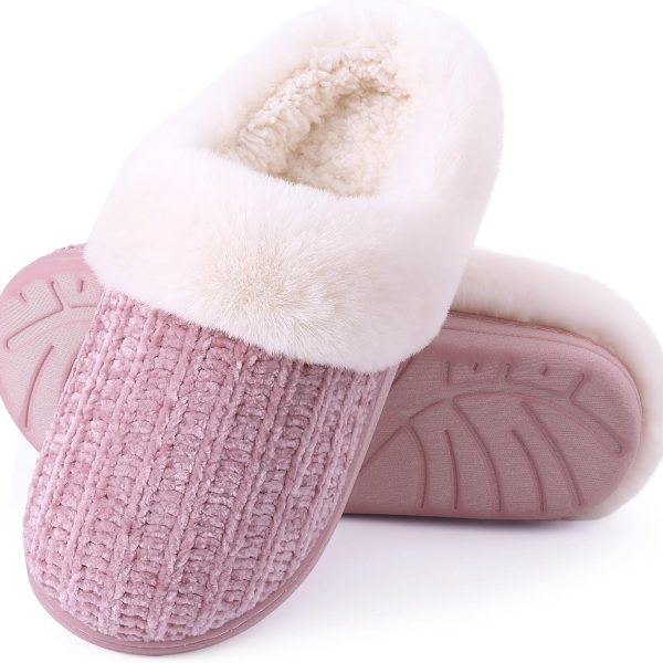 Warm Knit House Slippers for Women Comfy Wool-Like Lined Chenille Slippers with Memory Foam and Indoor Outdoor Soles